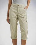 Women's cropped cargo trousers with rolled cuffs and multiple utility pockets
