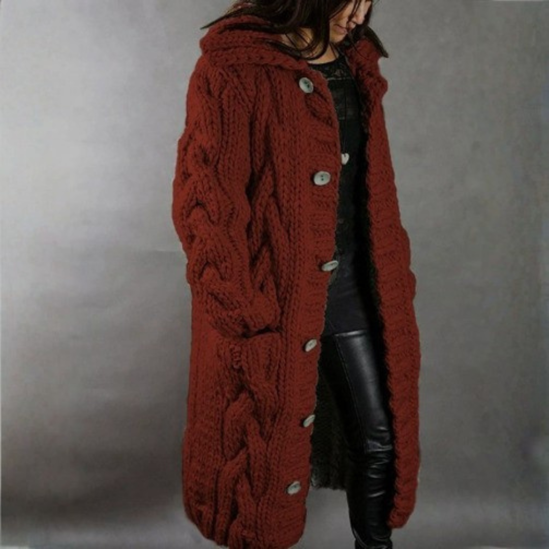 Women's longline hooded cable knit coat with button front