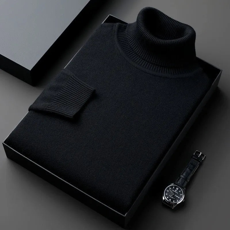 Men's plain roll-neck jumper with long sleeves and ribbed trims