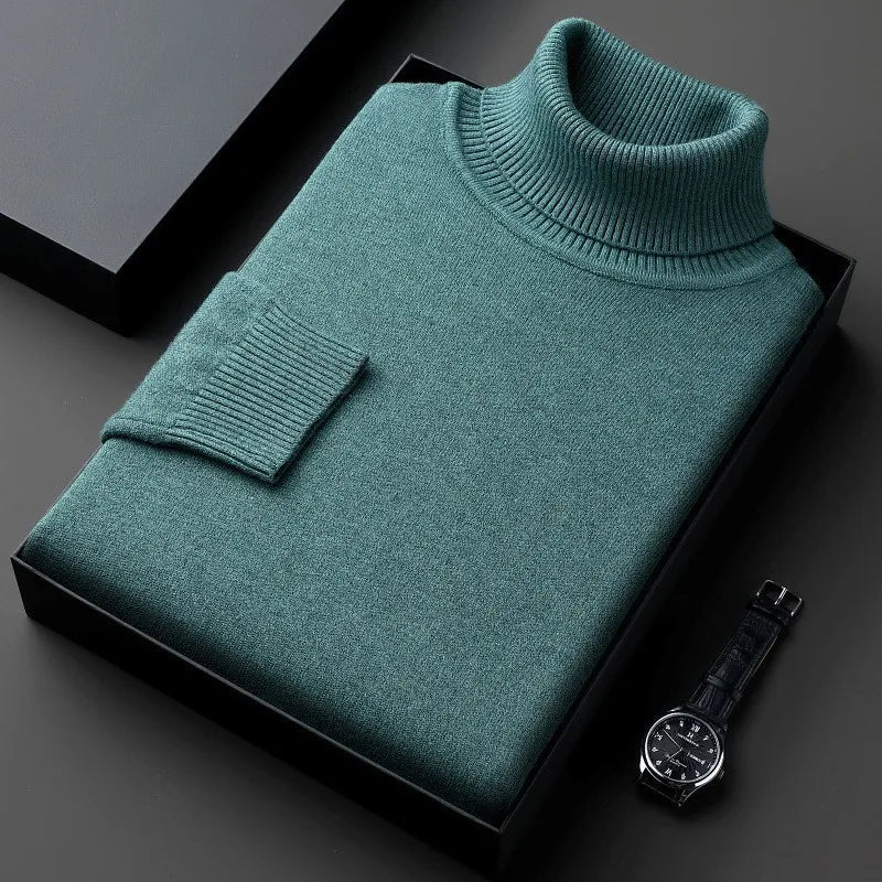 Men's plain roll-neck jumper with long sleeves and ribbed trims