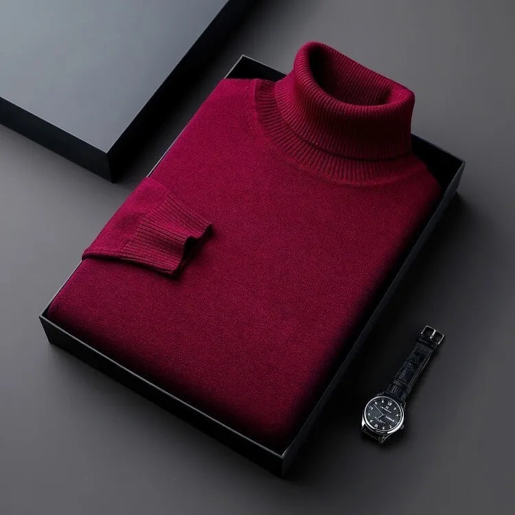 Men's plain roll-neck jumper with long sleeves and ribbed trims