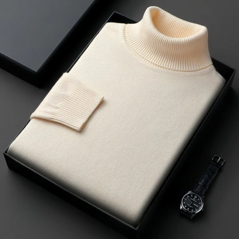 Men's plain roll-neck jumper with long sleeves and ribbed trims