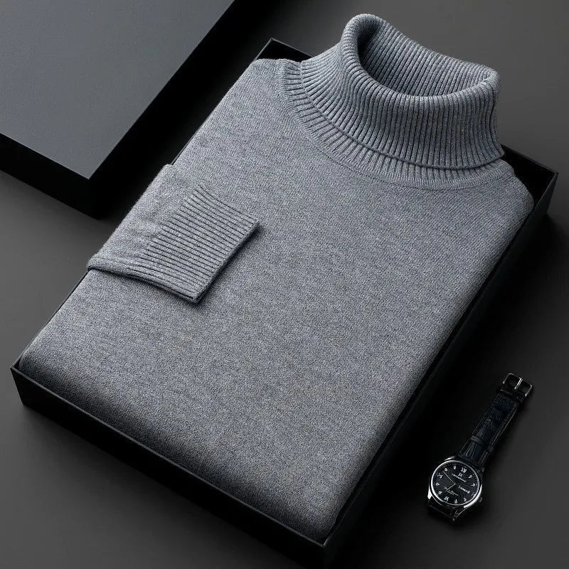 Men's plain roll-neck jumper with long sleeves and ribbed trims
