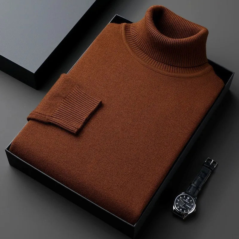 Men's plain roll-neck jumper with long sleeves and ribbed trims