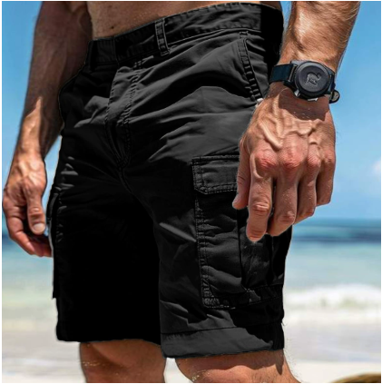 Men's utility cargo shorts with thigh cargo pockets and knee-length hems