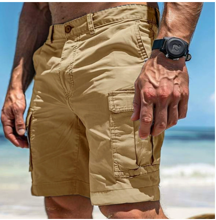 Men's utility cargo shorts with thigh cargo pockets and knee-length hems