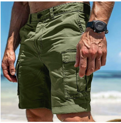 Men's utility cargo shorts with thigh cargo pockets and knee-length hems