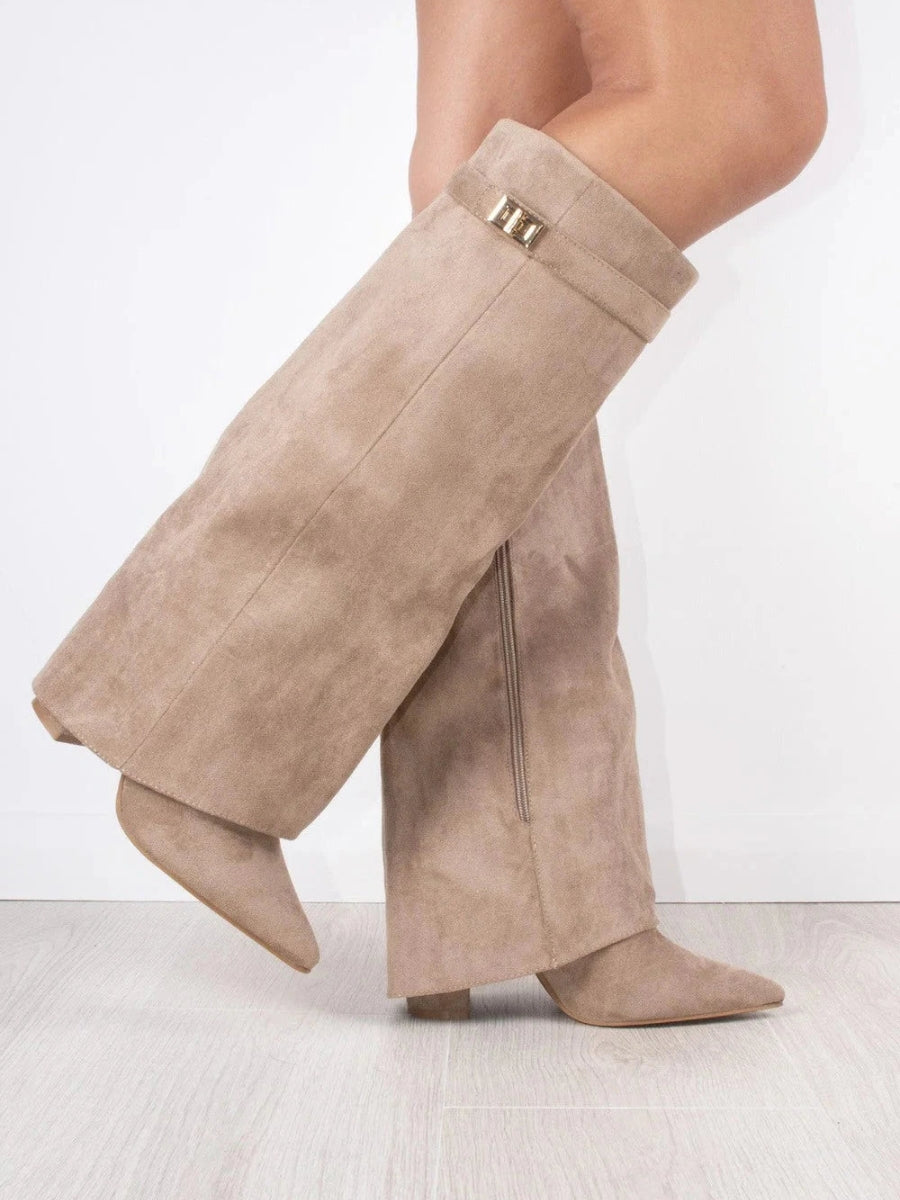 Women's pointed-toe knee-high boots with low block heels and folded top trim