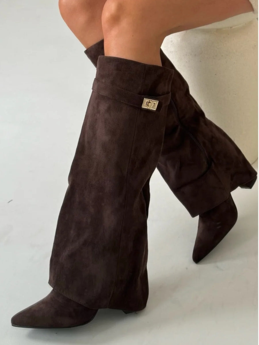 Women's pointed-toe knee-high boots with low block heels and folded top trim