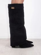 Women's pointed-toe knee-high boots with low block heels and folded top trim
