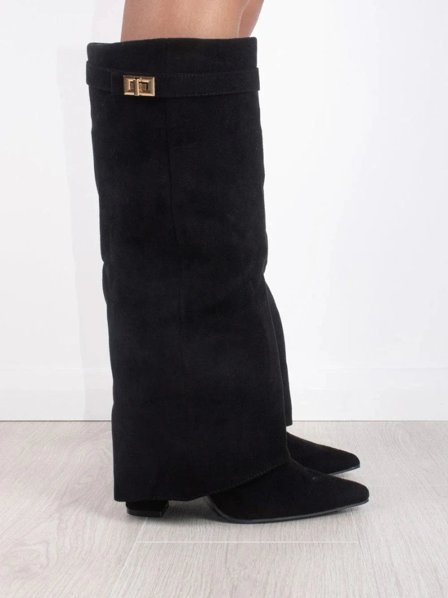 Women's pointed-toe knee-high boots with low block heels and folded top trim
