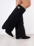 Women's pointed-toe knee-high boots with low block heels and folded top trim