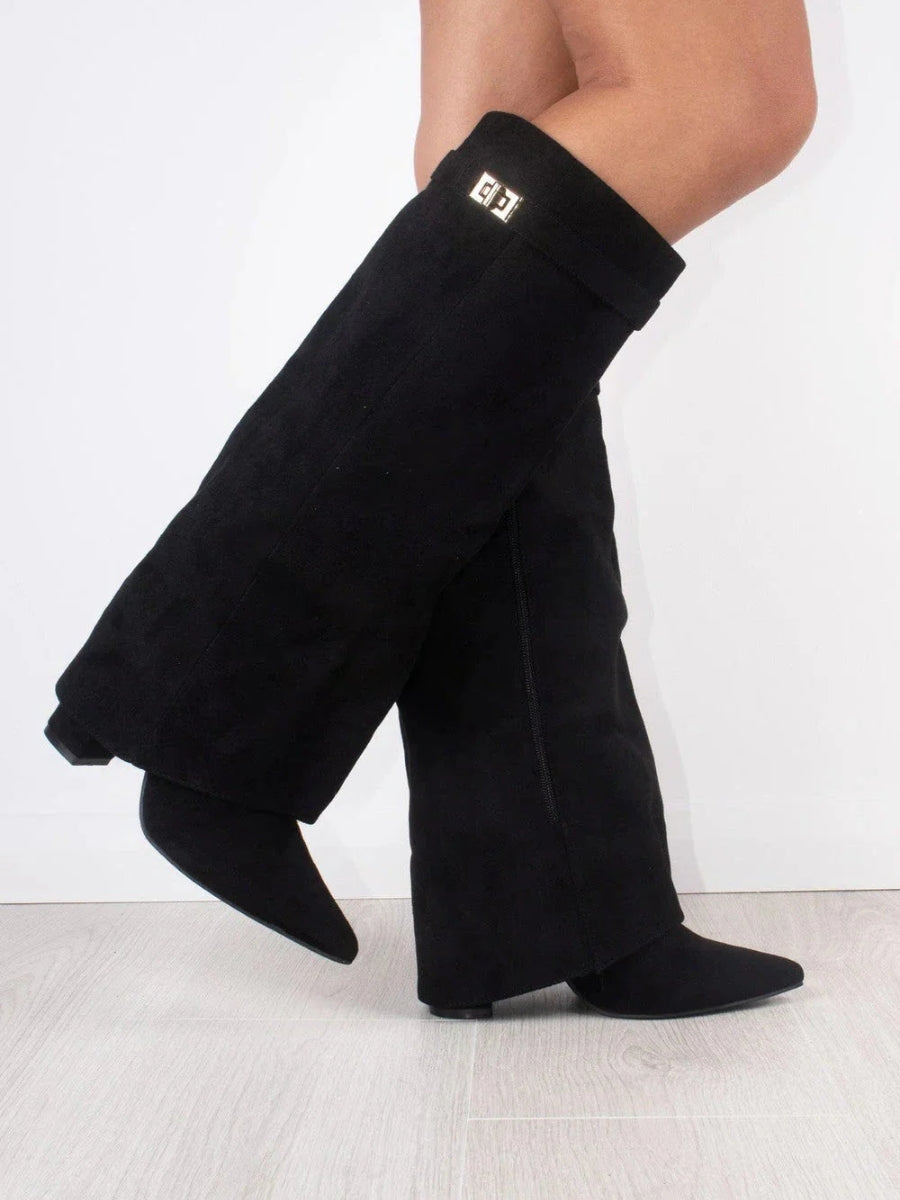 Women's pointed-toe knee-high boots with low block heels and folded top trim
