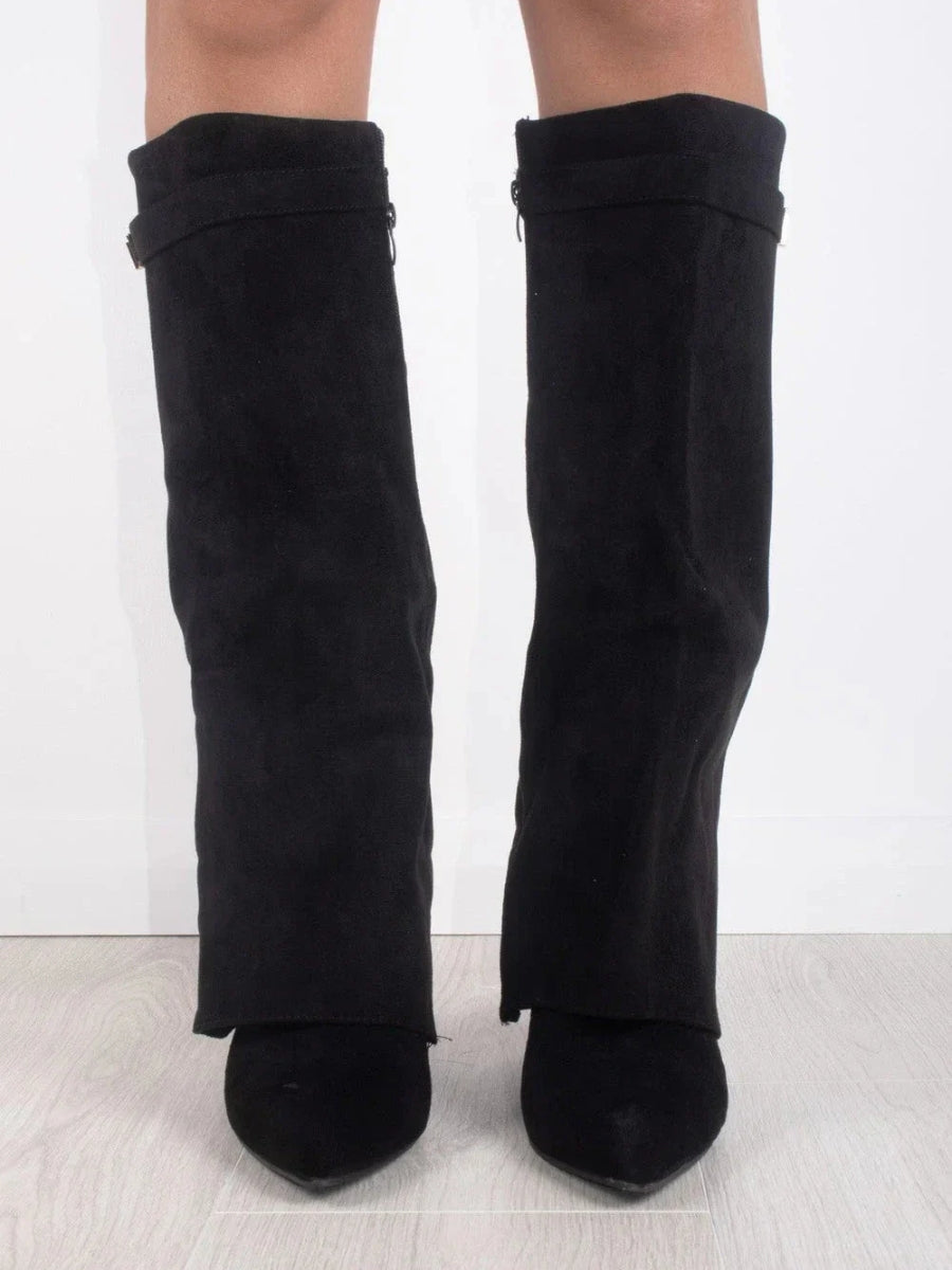 Women's pointed-toe knee-high boots with low block heels and folded top trim