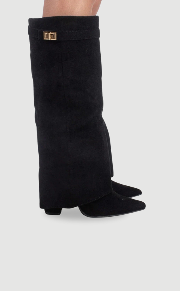 Women's pointed-toe knee-high boots with low block heels and folded top trim