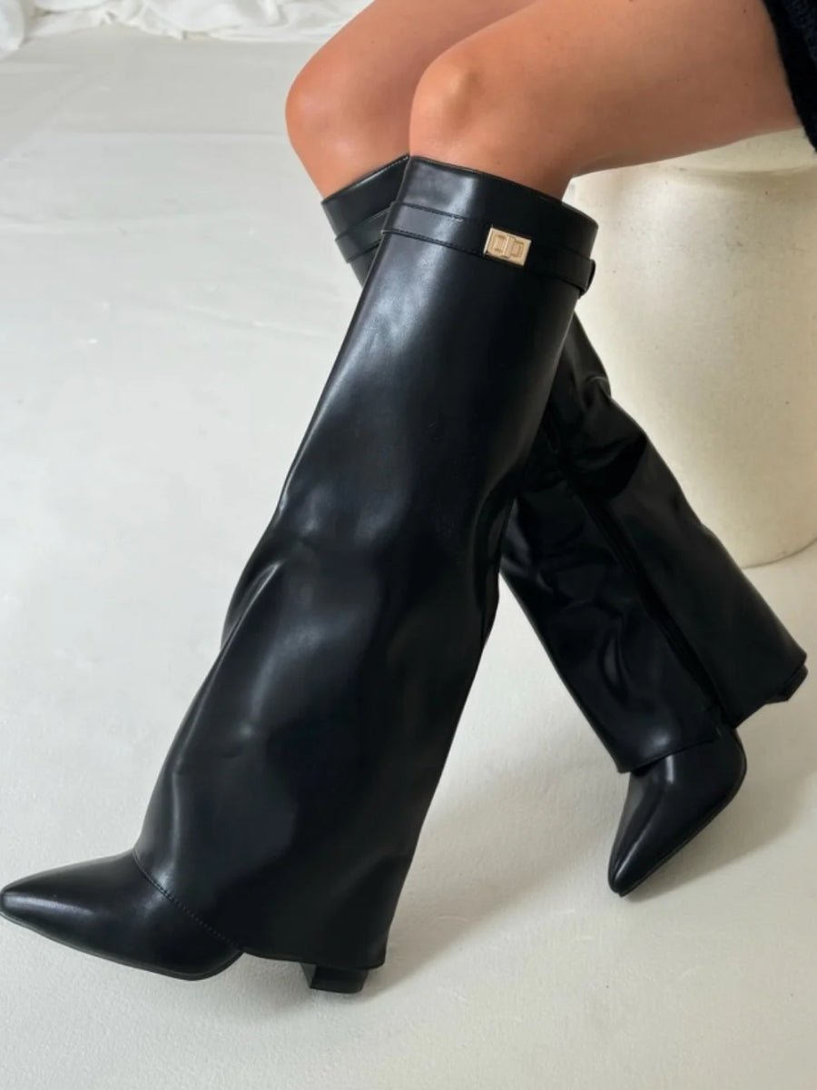 Women's pointed-toe knee-high boots with low block heels and folded top trim