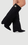 Women's pointed-toe knee-high boots with low block heels and folded top trim