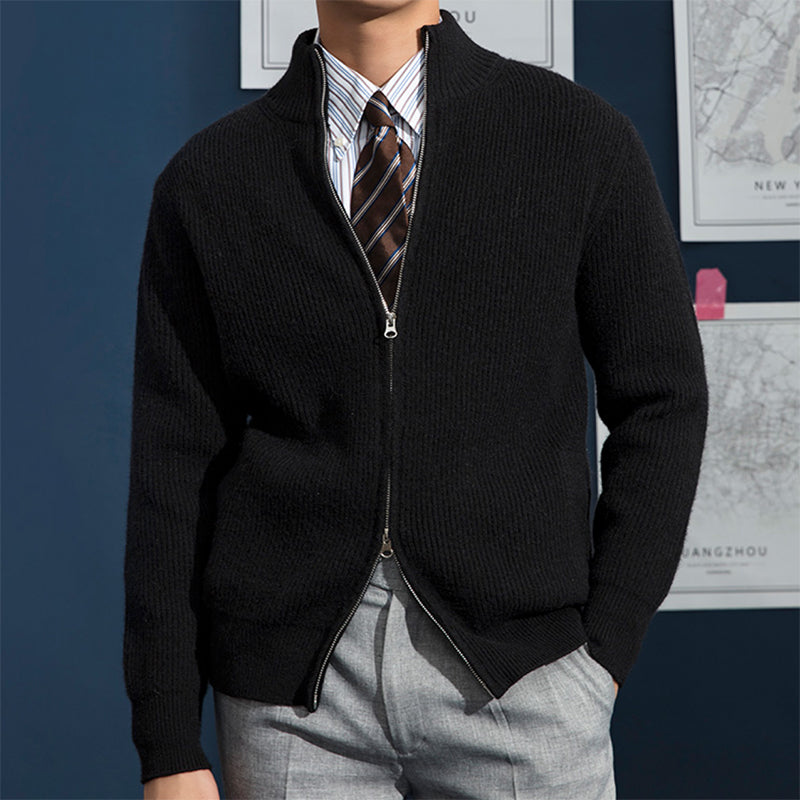 Men's ribbed knitted cardigan with stand collar and full-length zip