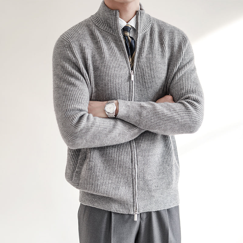 Men's ribbed knitted cardigan with stand collar and full-length zip