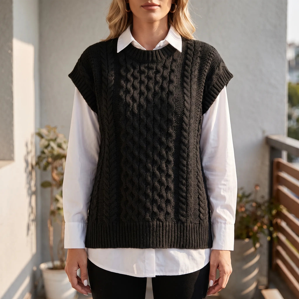 KnitVest  - Sleeveless Cable Knit Sweater Vest Transitional Layering