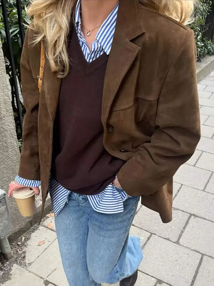 Women's brown oversized blazer with shaped shoulders and notched lapels