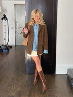 Women's brown oversized blazer with shaped shoulders and notched lapels