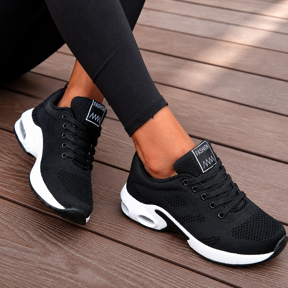 Women's lace-up walking trainers with textured panels and contrasting soles