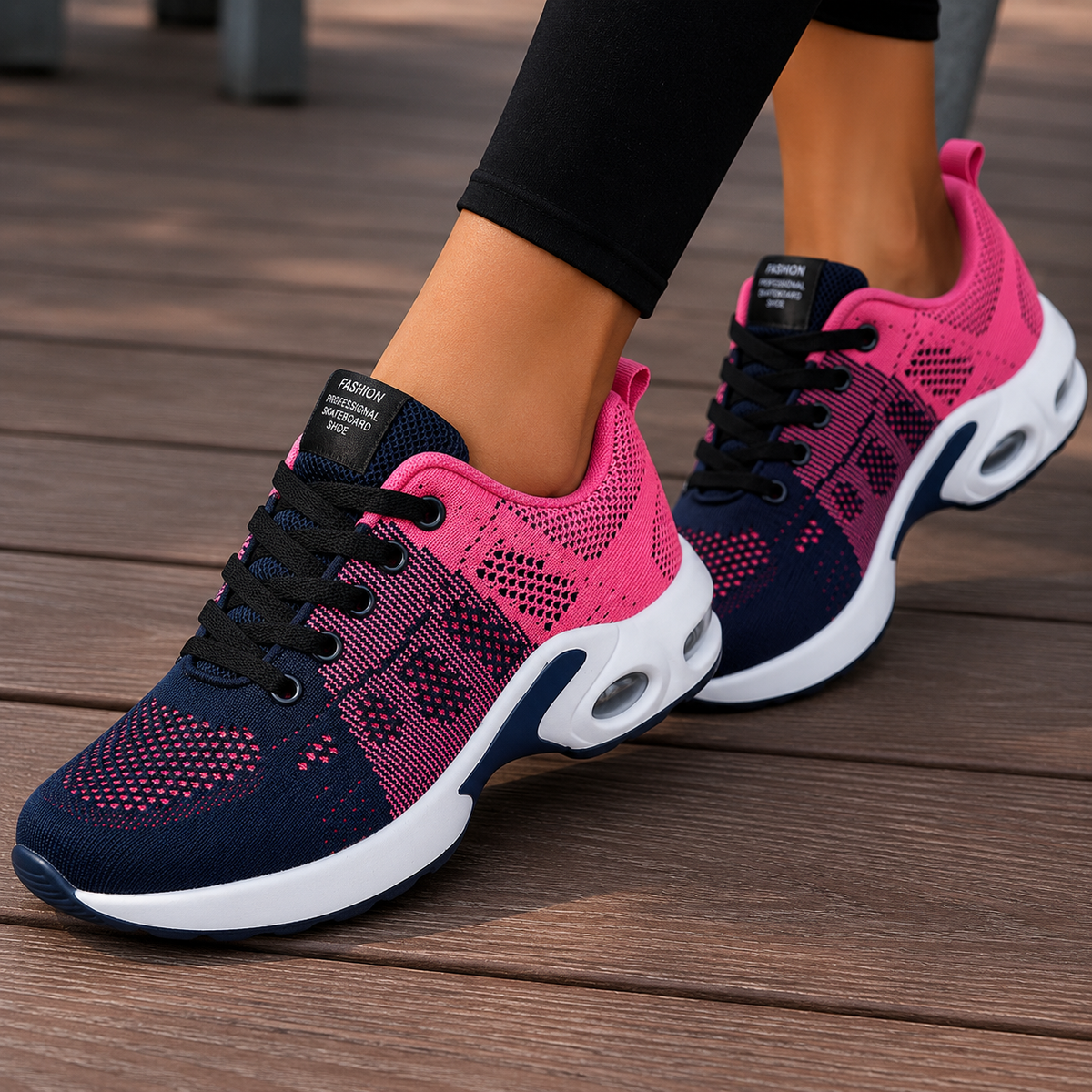 Women's lace-up walking trainers with textured panels and contrasting soles