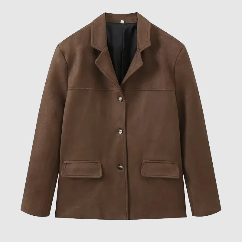 Women's relaxed lapel jacket with long sleeves, button front and flap pockets