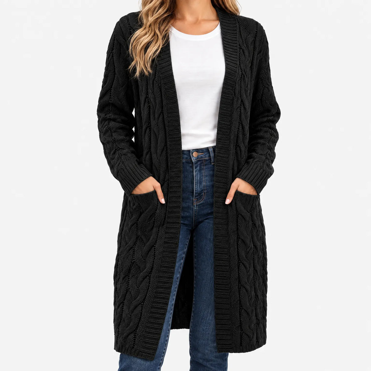 Kythera  - Cable Knit Long Cardigan Layering Over T-Shirts