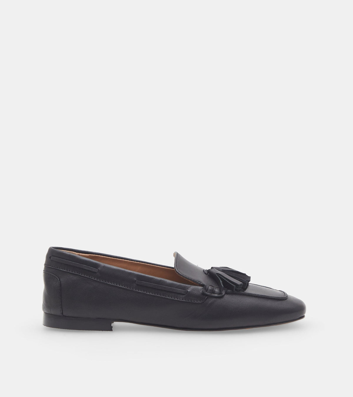Women's black slip-on loafers with tassel detailing and low heels