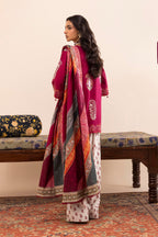 Women's printed three piece suit with burgundy tunic, patterned dupatta and paisley trousers