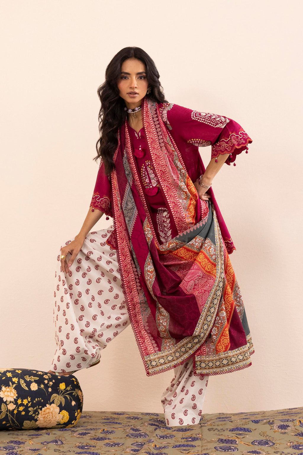 Women's printed three piece suit with burgundy tunic, patterned dupatta and paisley trousers