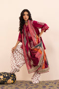 Women's printed three piece suit with burgundy tunic, patterned dupatta and paisley trousers