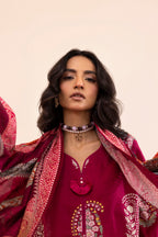 Women's printed three piece suit with burgundy tunic, patterned dupatta and paisley trousers