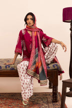 Women's printed three piece suit with burgundy tunic, patterned dupatta and paisley trousers