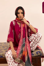 Women's printed three piece suit with burgundy tunic, patterned dupatta and paisley trousers