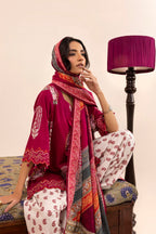Women's printed three piece suit with burgundy tunic, patterned dupatta and paisley trousers