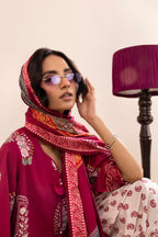 Women's printed three piece suit with burgundy tunic, patterned dupatta and paisley trousers