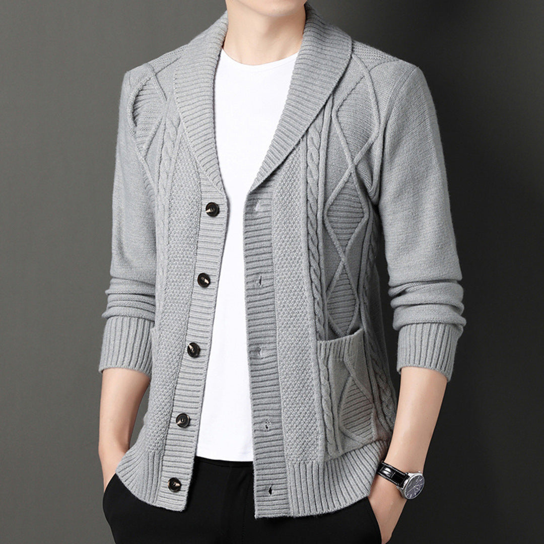 Men's textured shawl collar cardigan with button front, long sleeves and ribbed trims