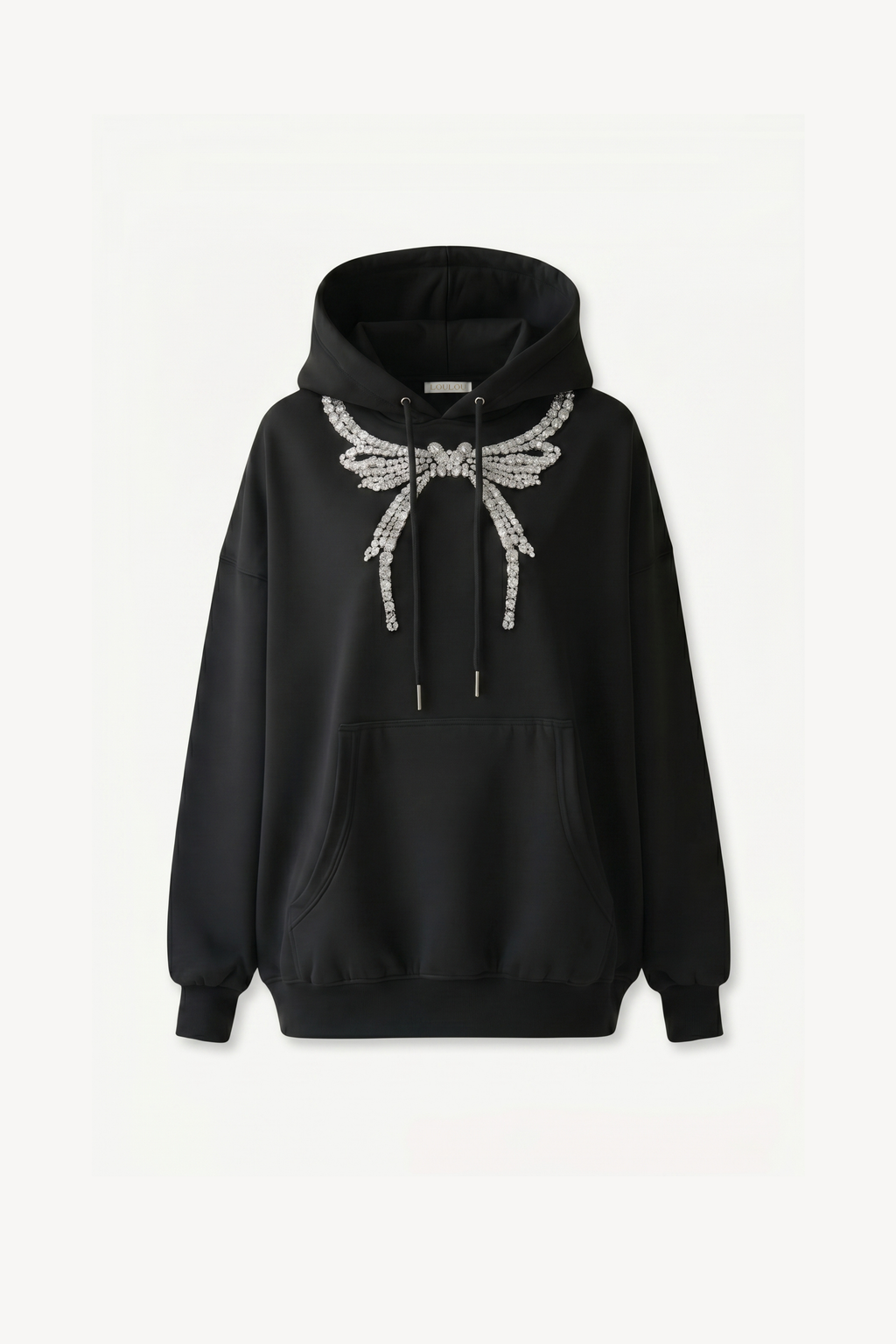 Black hoodie with embellished wing graphic, drawstring hood and kangaroo pocket