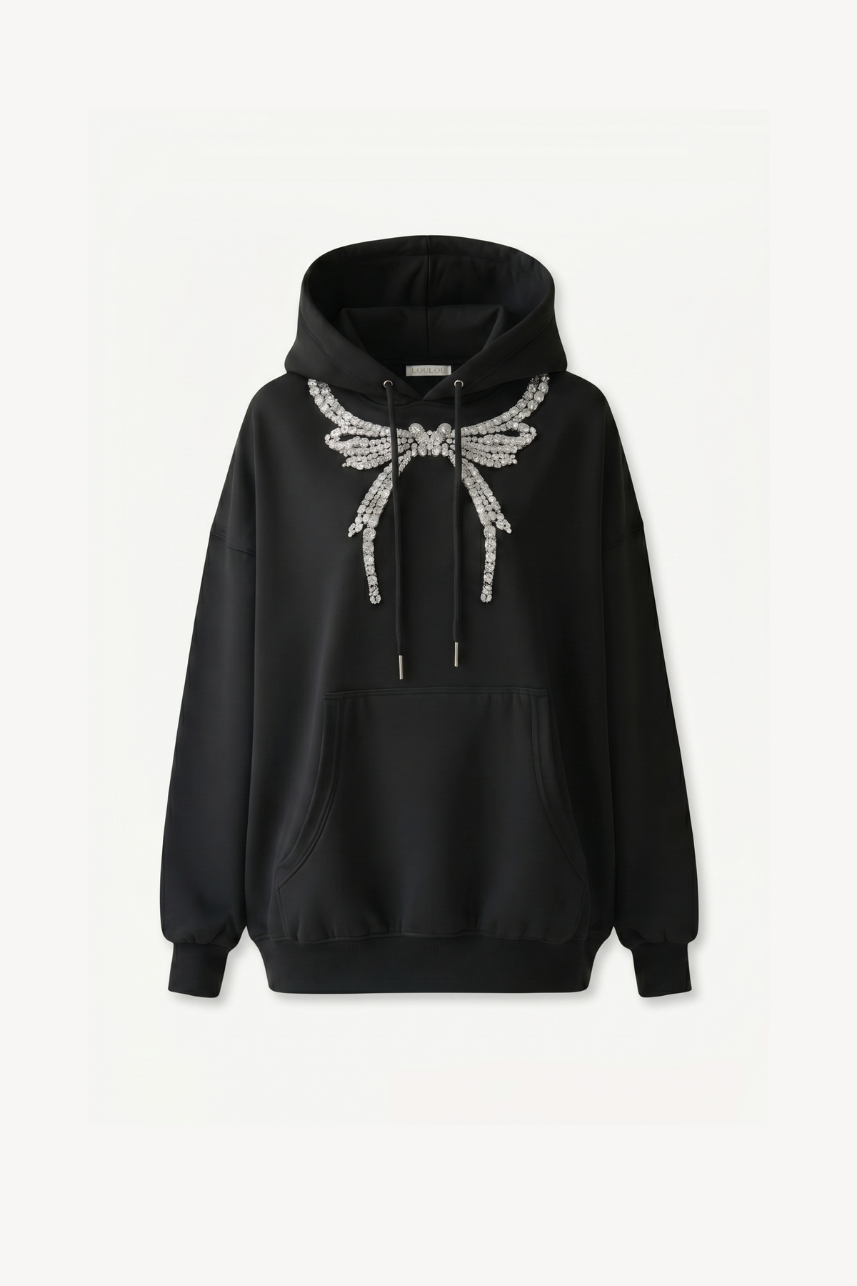Black hoodie with embellished wing graphic, drawstring hood and kangaroo pocket