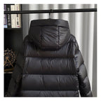 Women's black long hooded quilted puffer coat