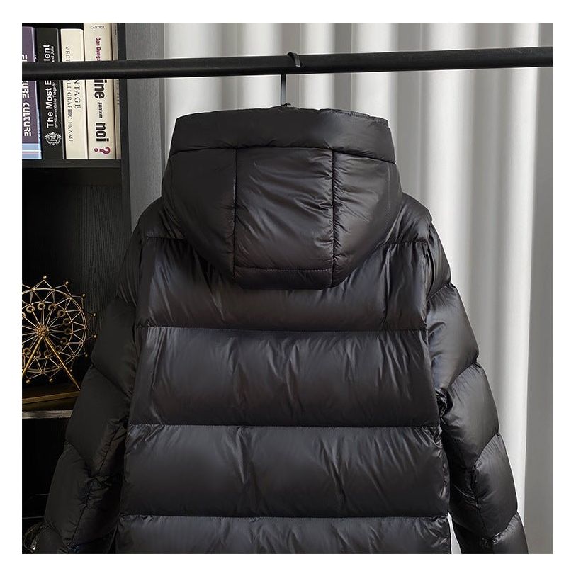 Women's black long hooded quilted puffer coat