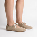 Women's beige lace-up ballet flats with round toes and flat heels