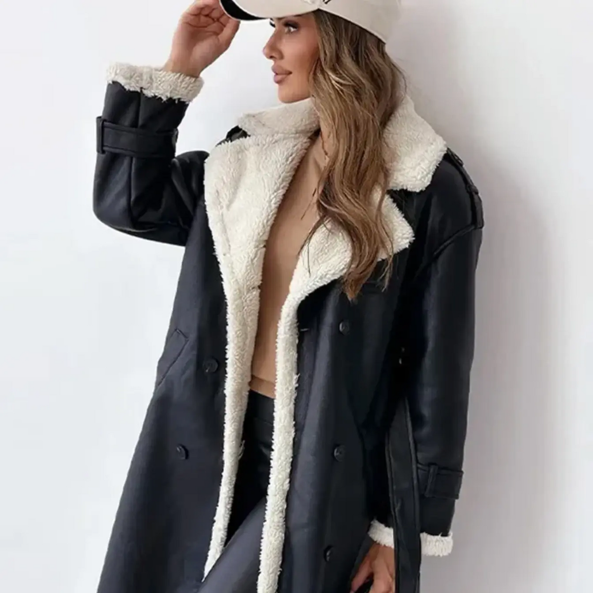 Women's long double-breasted coat with textured shearling-style collar and trim