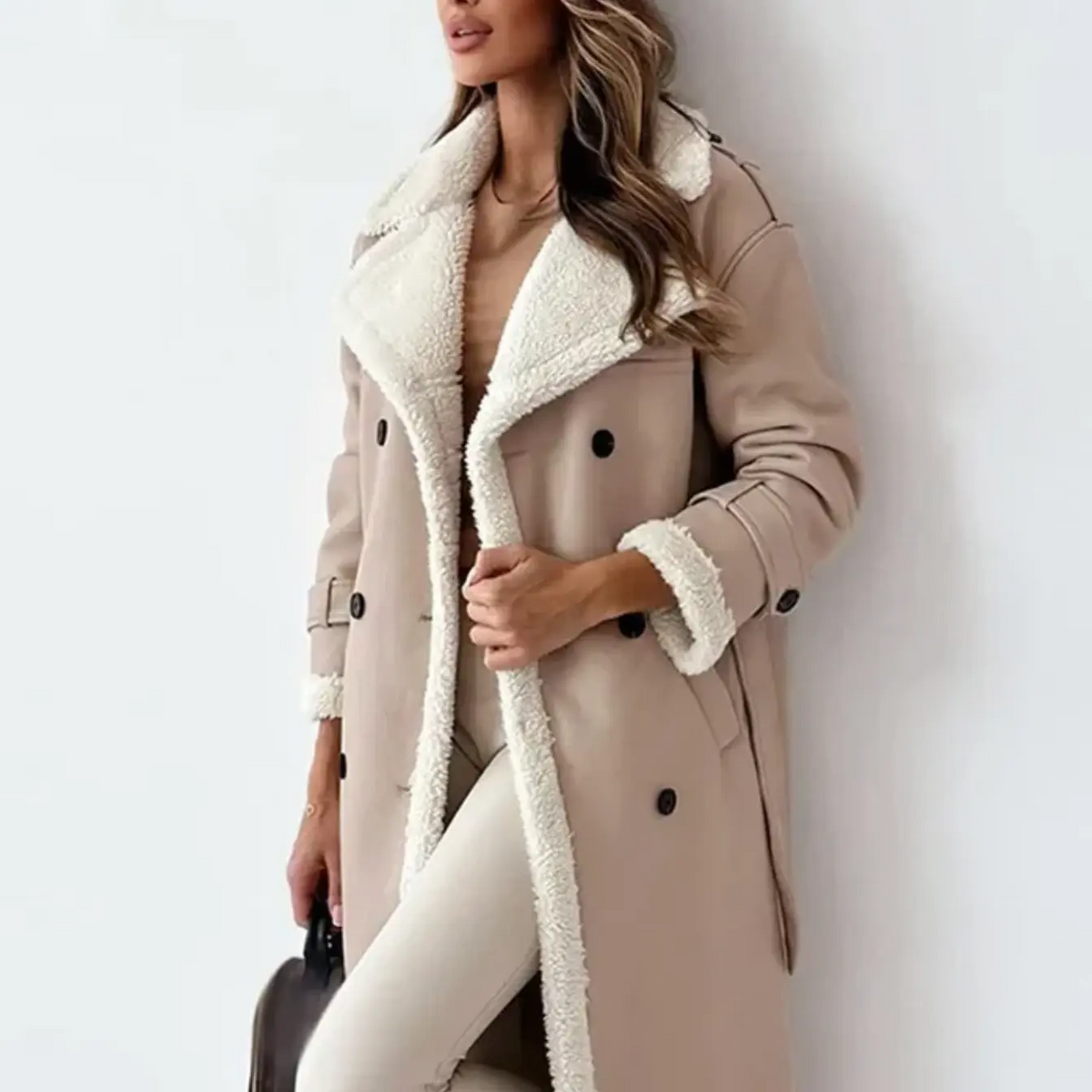Women's long double-breasted coat with textured shearling-style collar and trim