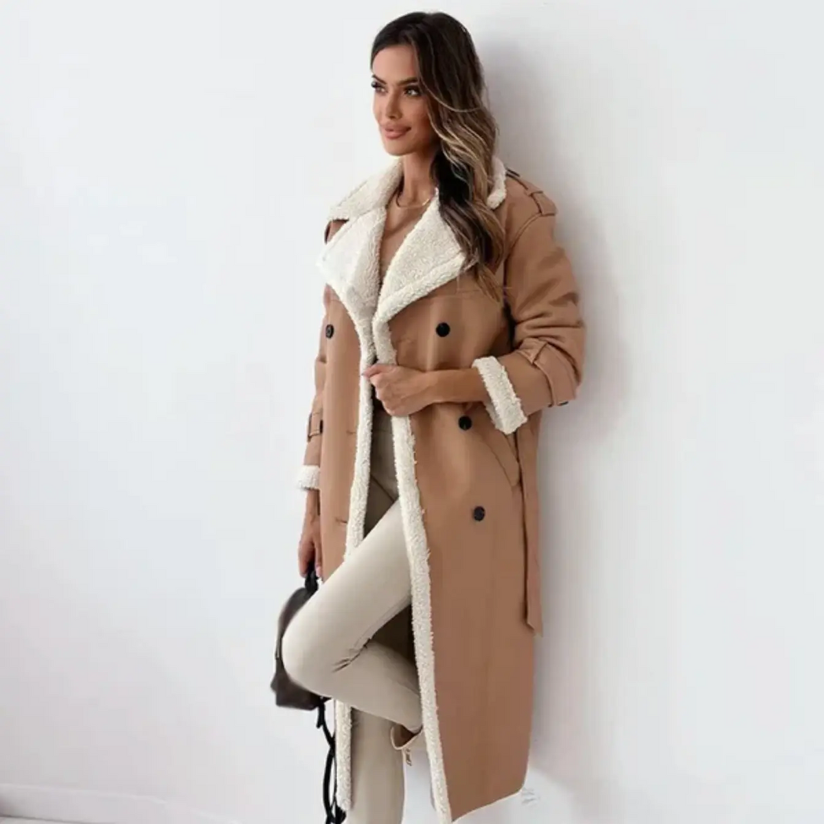 Women's long double-breasted coat with textured shearling-style collar and trim