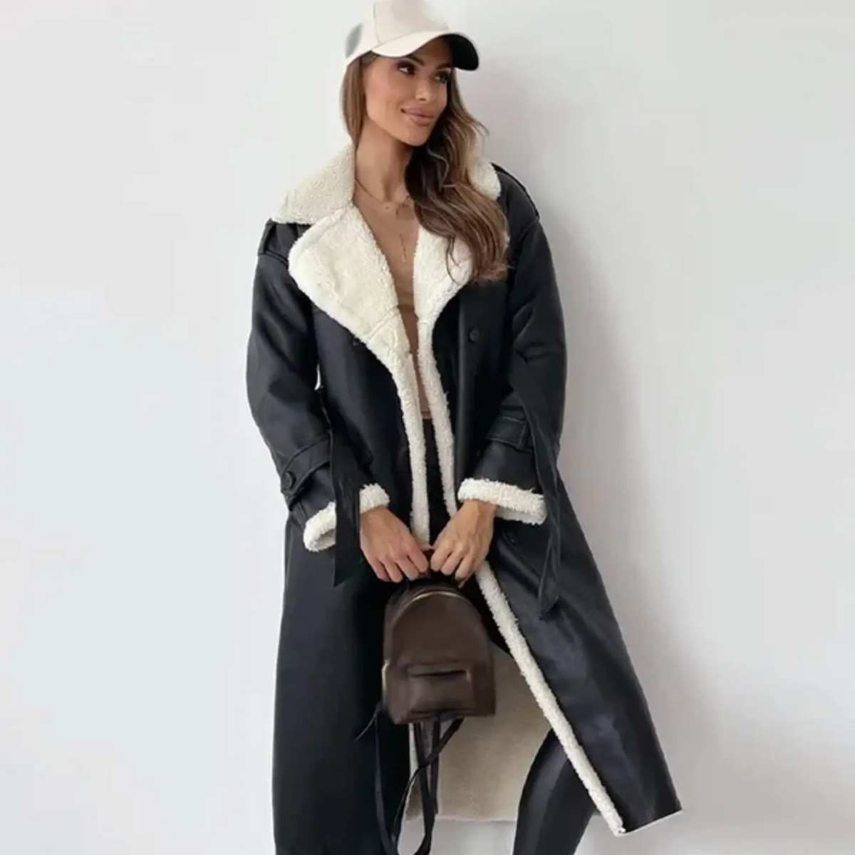Women's long double-breasted coat with textured shearling-style collar and trim