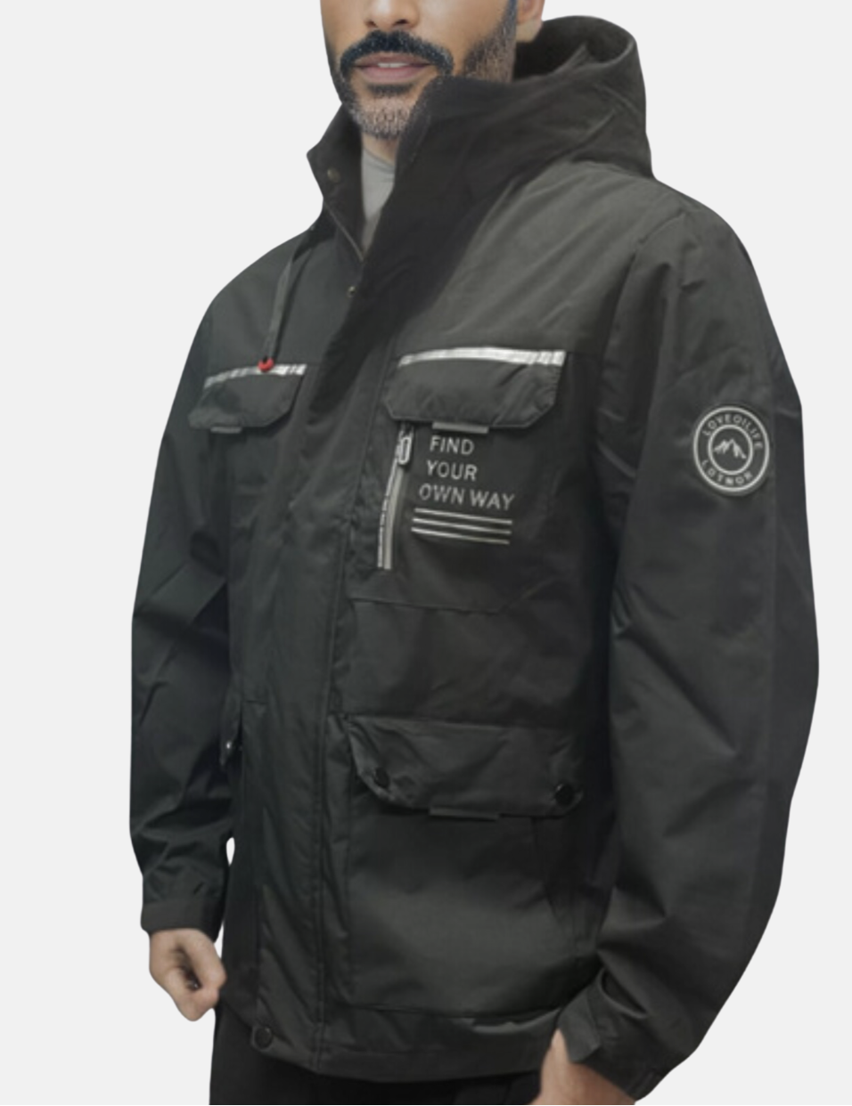 Men's hooded utility parka with long sleeves, multiple pockets and zip front